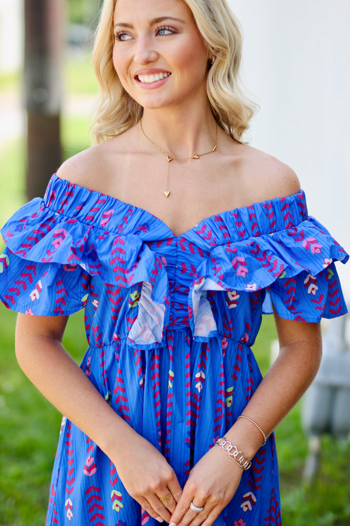 Ruffle Sleeved V-Neck Maxi Dress