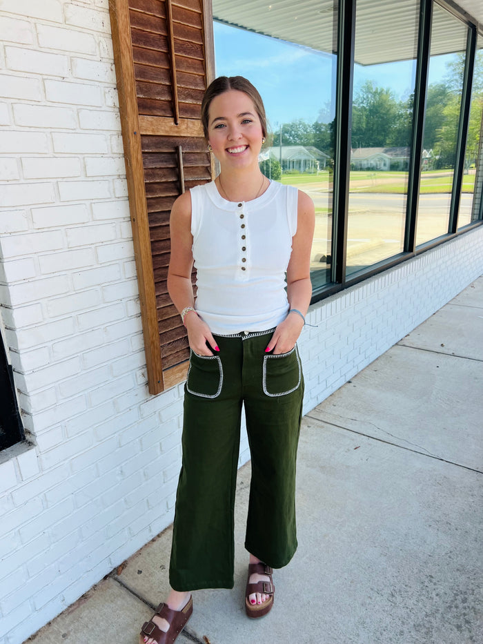 Pants blanket stitch trim