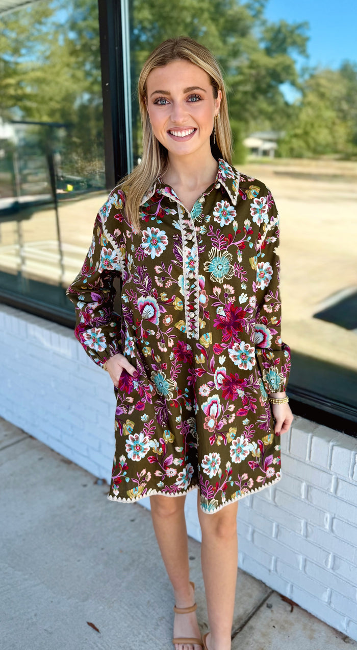 Exclusive Print Blanket Stitch Buttoned Mini Dress