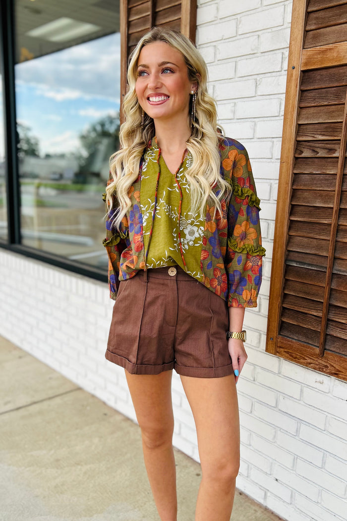 3/4 Sleeve Ruffled Detail Color Block Printed Top