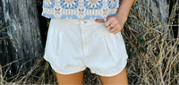 DOUBLE PLEAT DETAIL FIT AND FLARE DENIM SHORTS