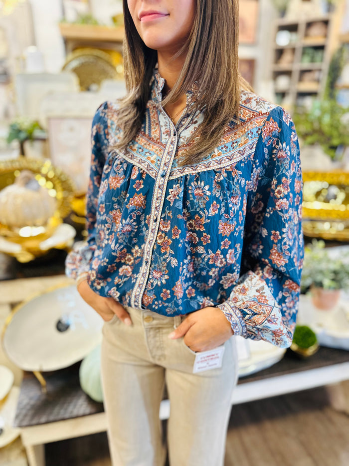 Border Print Ruffled High Neckline