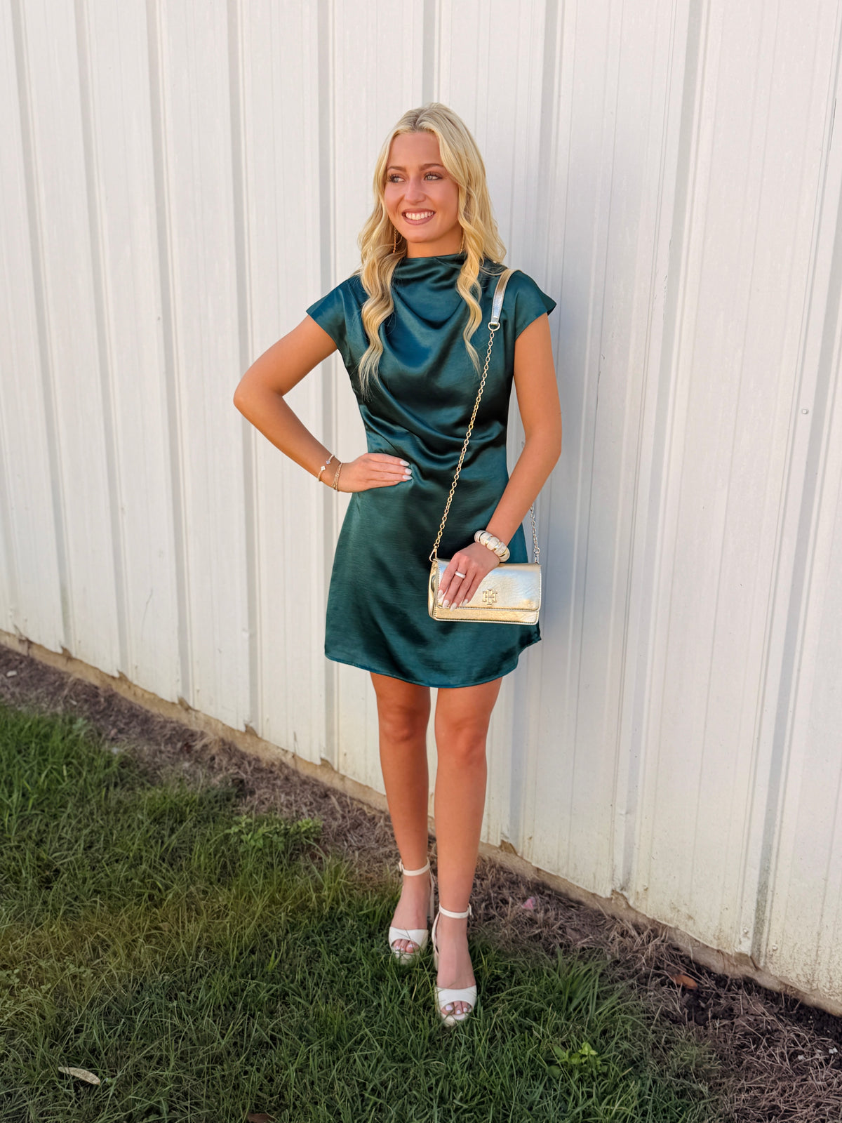 High-cowl Neck Grown-up Cap Slv Flowy Mini Dress
