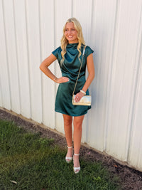 High-cowl Neck Grown-up Cap Slv Flowy Mini Dress