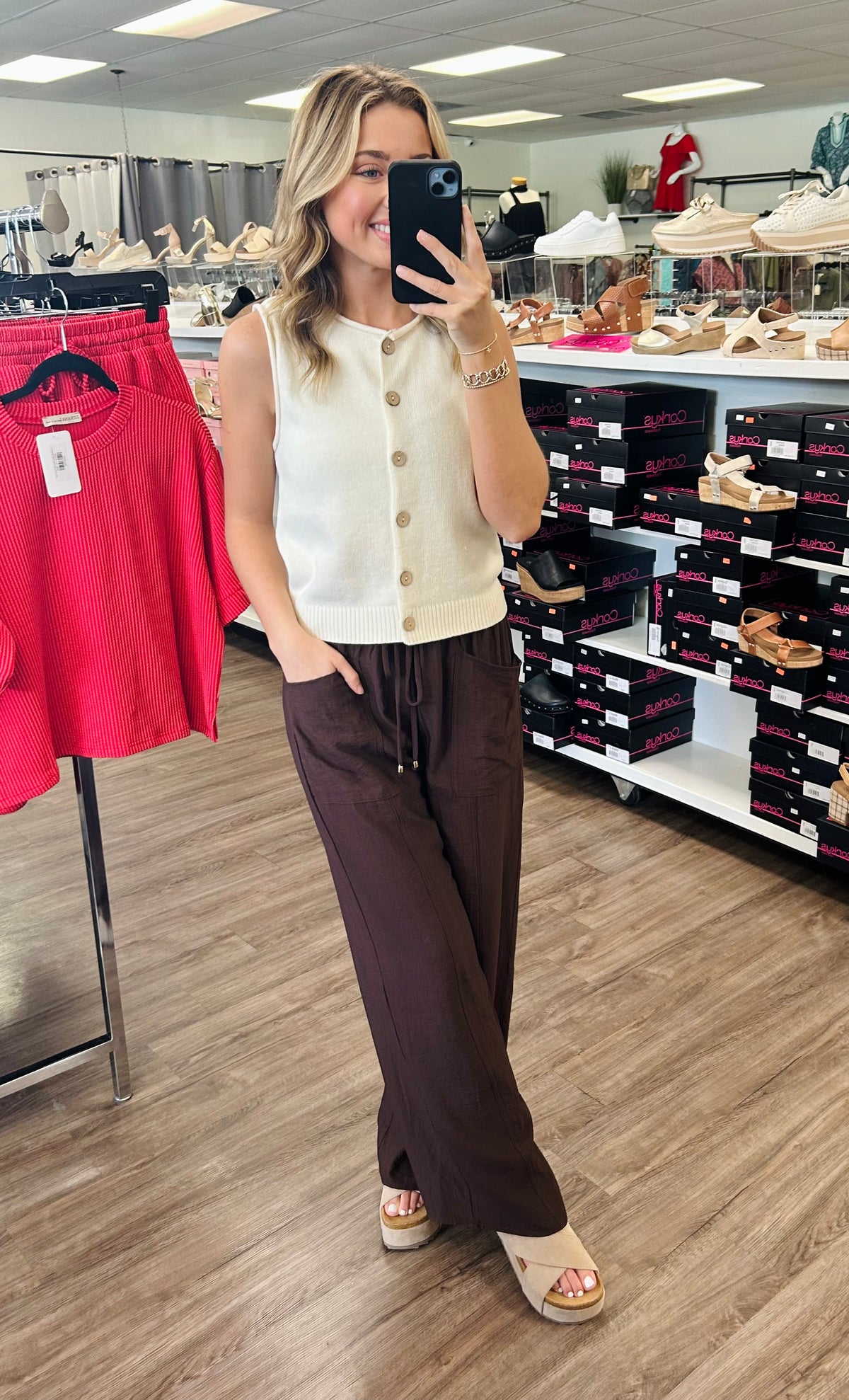 Solid high-waist pull-on wide-leg pants