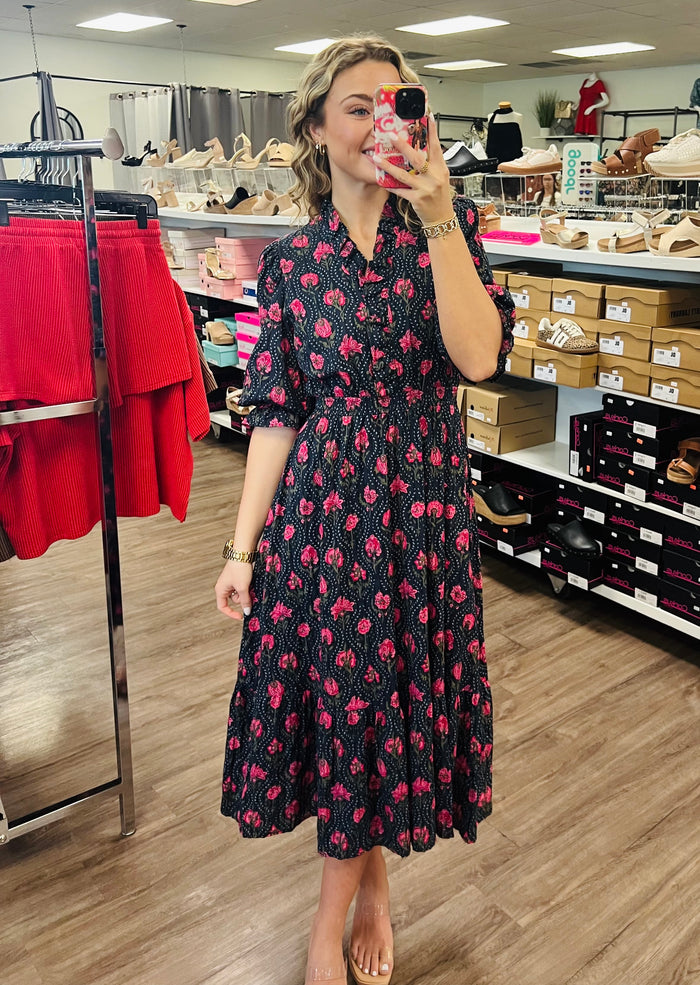 Mix Puff Sleeve Midi Dress