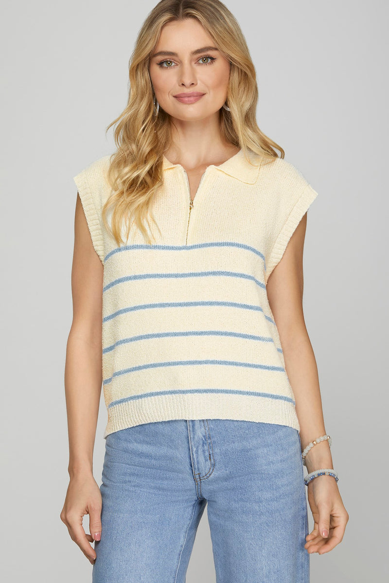 DROP SHOULDER HALF ZIP STRIPED SWEATER TOP