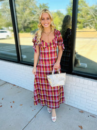 Plaid Puff Sleeve Maxi Dress