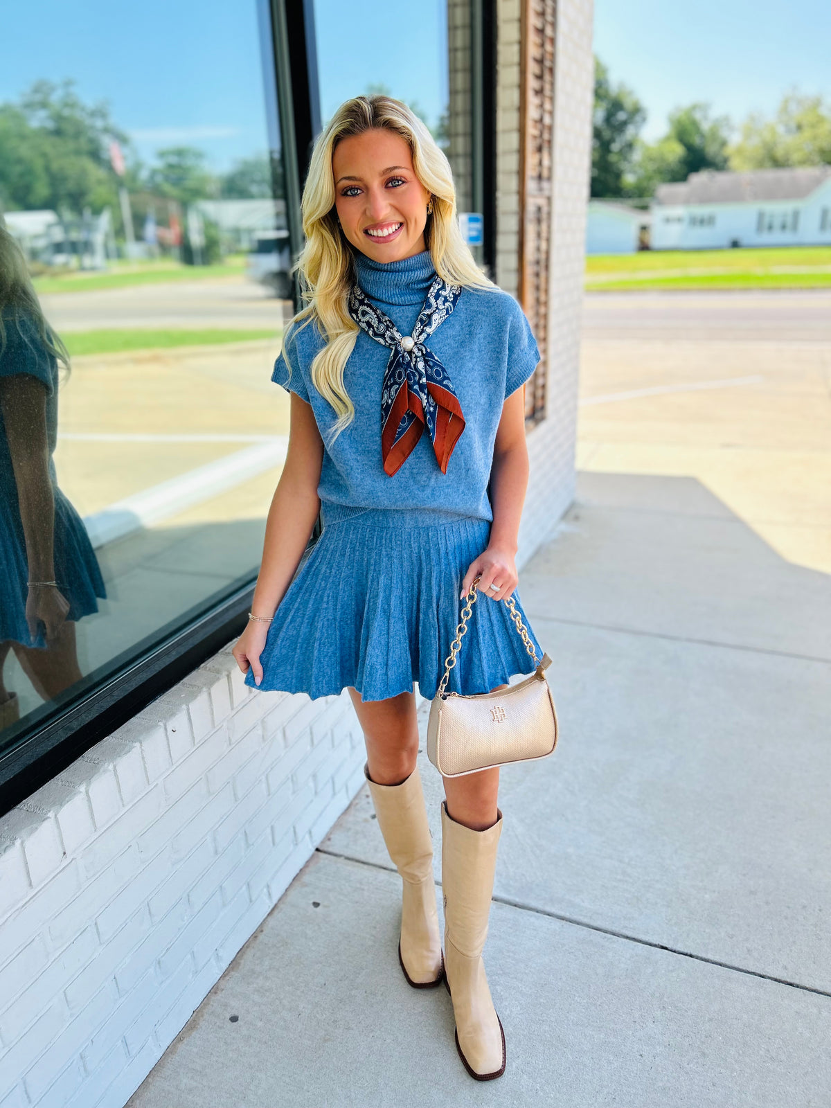 Turtleneck Crop Top And Pleated Skirt Set