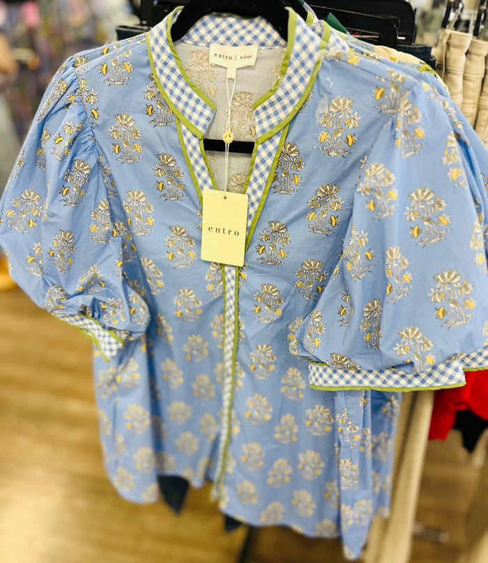 Plus Floral and stripe print V-neck puff short sleeve top