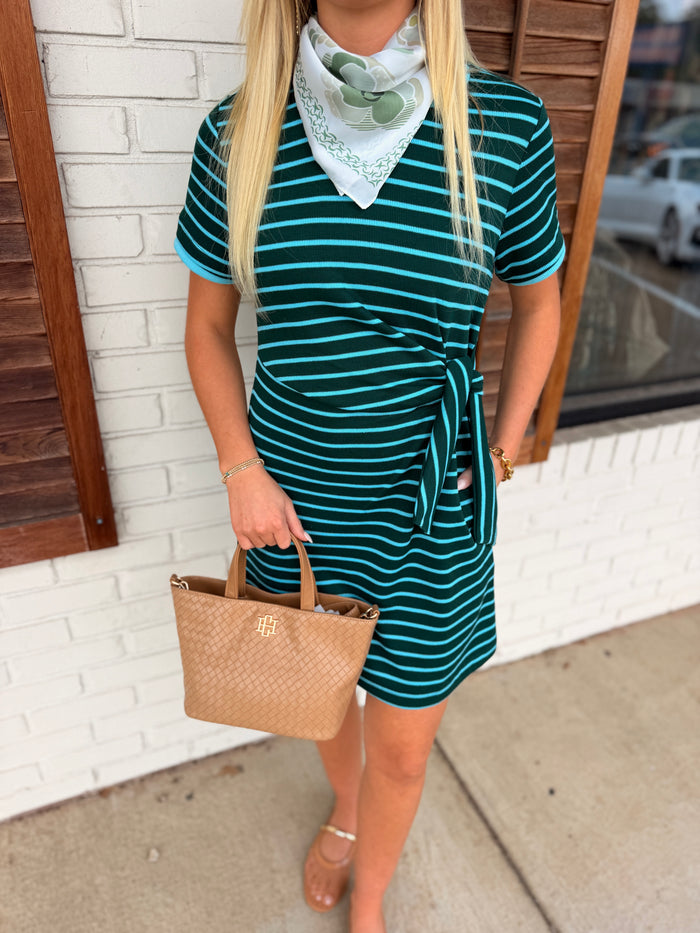 Stripe print short sleeve mini dress featuring self-tie waist detail