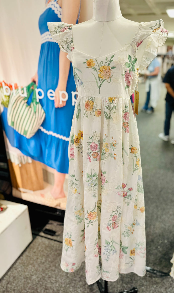 Floral Embroidery Detail Ruffle Sleeve Midi Dress