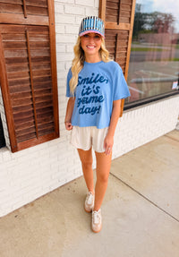 Smile, It’s Game Day Blue Crop Tee