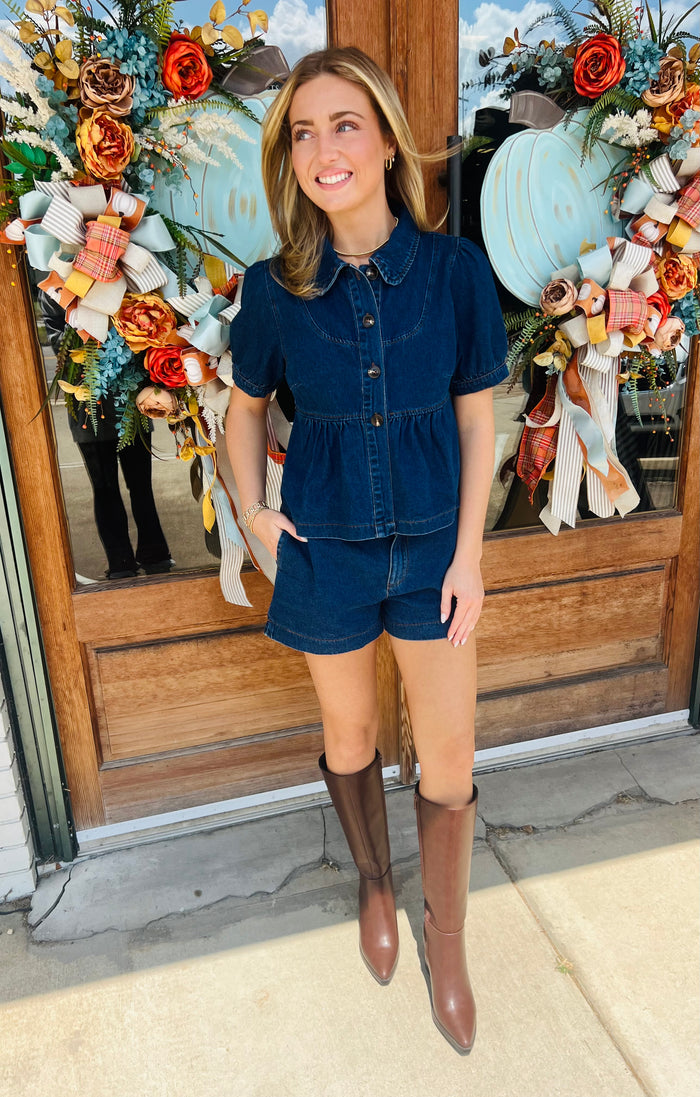 Peter Pan Collar Puff Sleeve Denim Top With Shorts