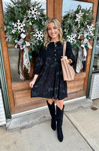 3/4 sleeves velvety floral jacquard dress