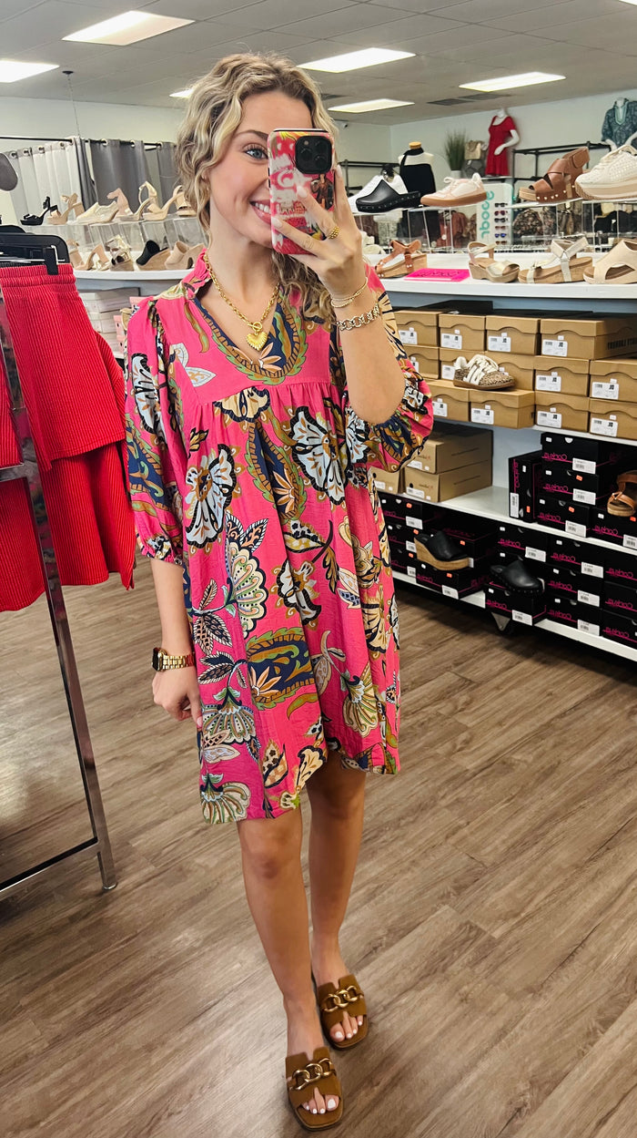 Abstract Print Puff Sleeve Babydoll Dress