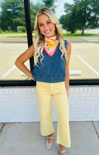 Stripe Washed Denim Sleeveless Side Tie Crop Top