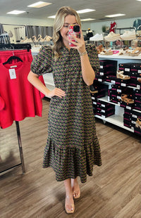 Floral print shoulder pleated puff sleeve ruffle hem midi dress