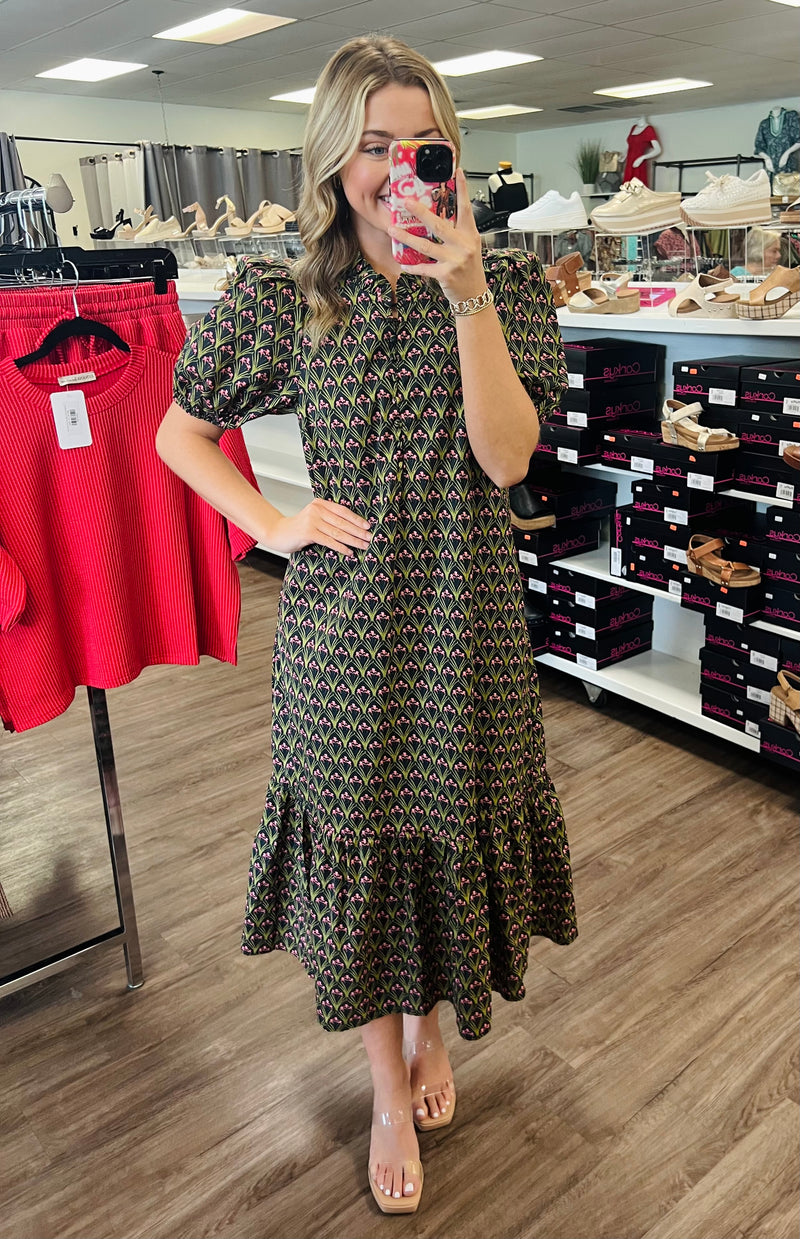 Floral print shoulder pleated puff sleeve ruffle hem midi dress