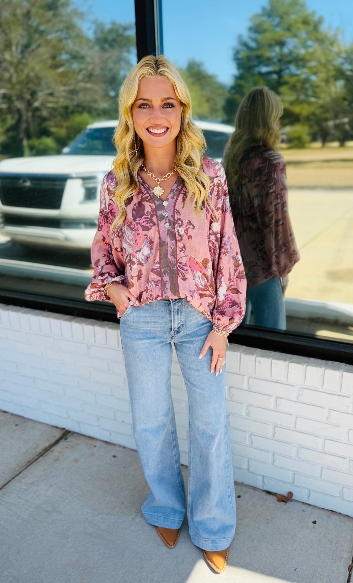 Floral Balloon Sleeve Blouse