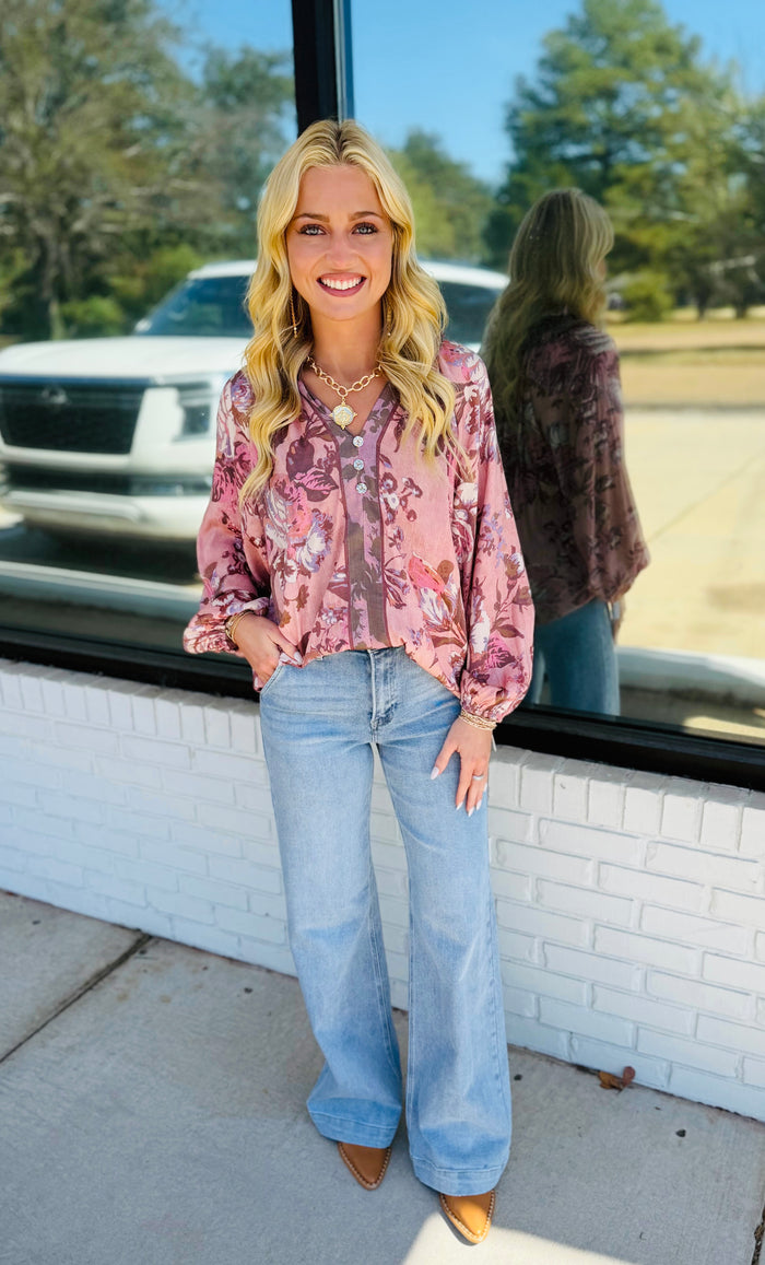 Floral Balloon Sleeve Blouse