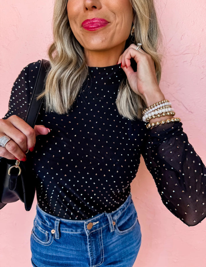 EMBELLISHED MESH MOCK NECK TOP