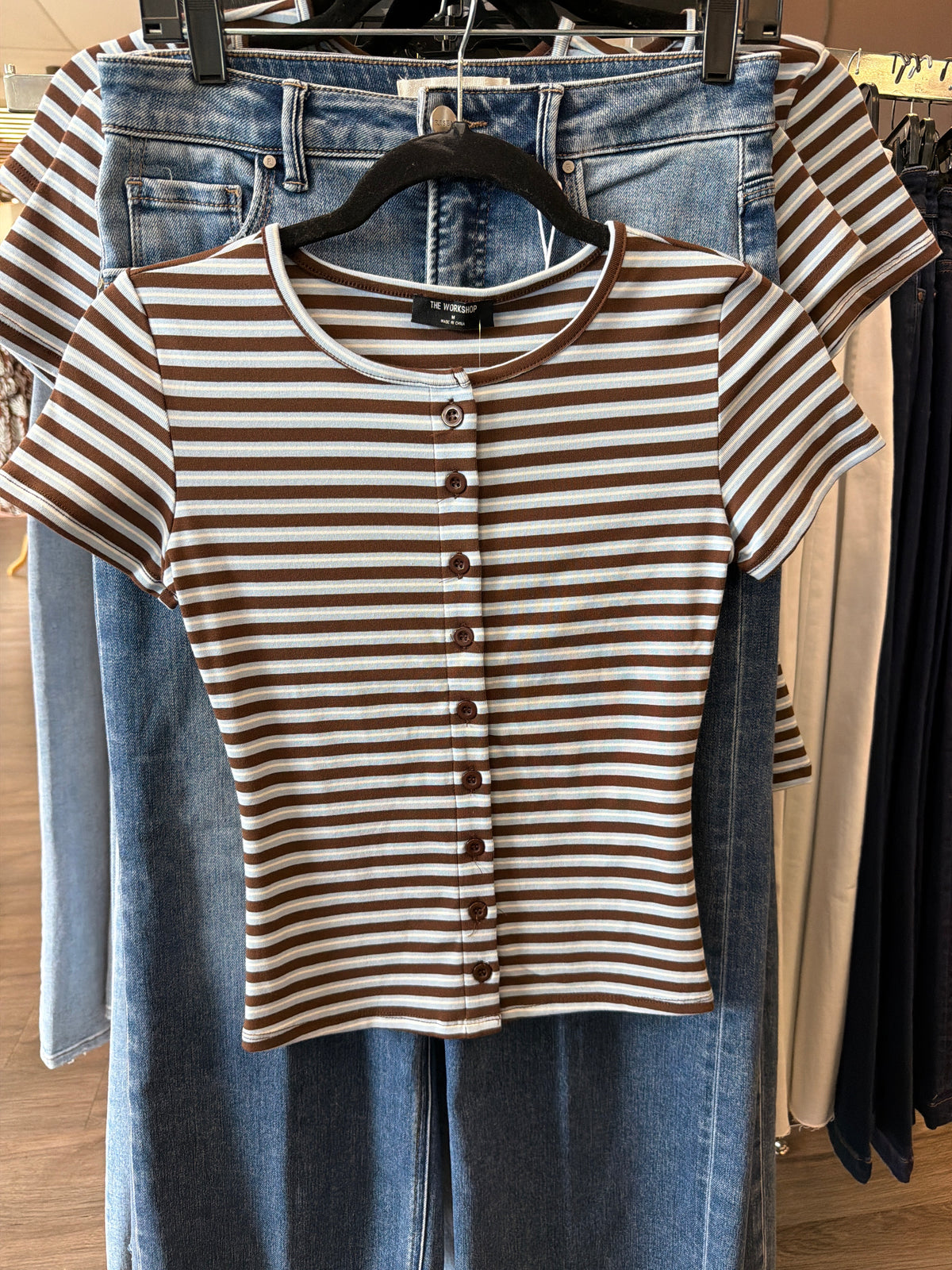 Multi-Color Stripe Short Sleeve Button Knit Top