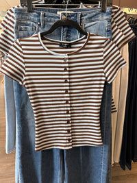 Multi-Color Stripe Short Sleeve Button Knit Top