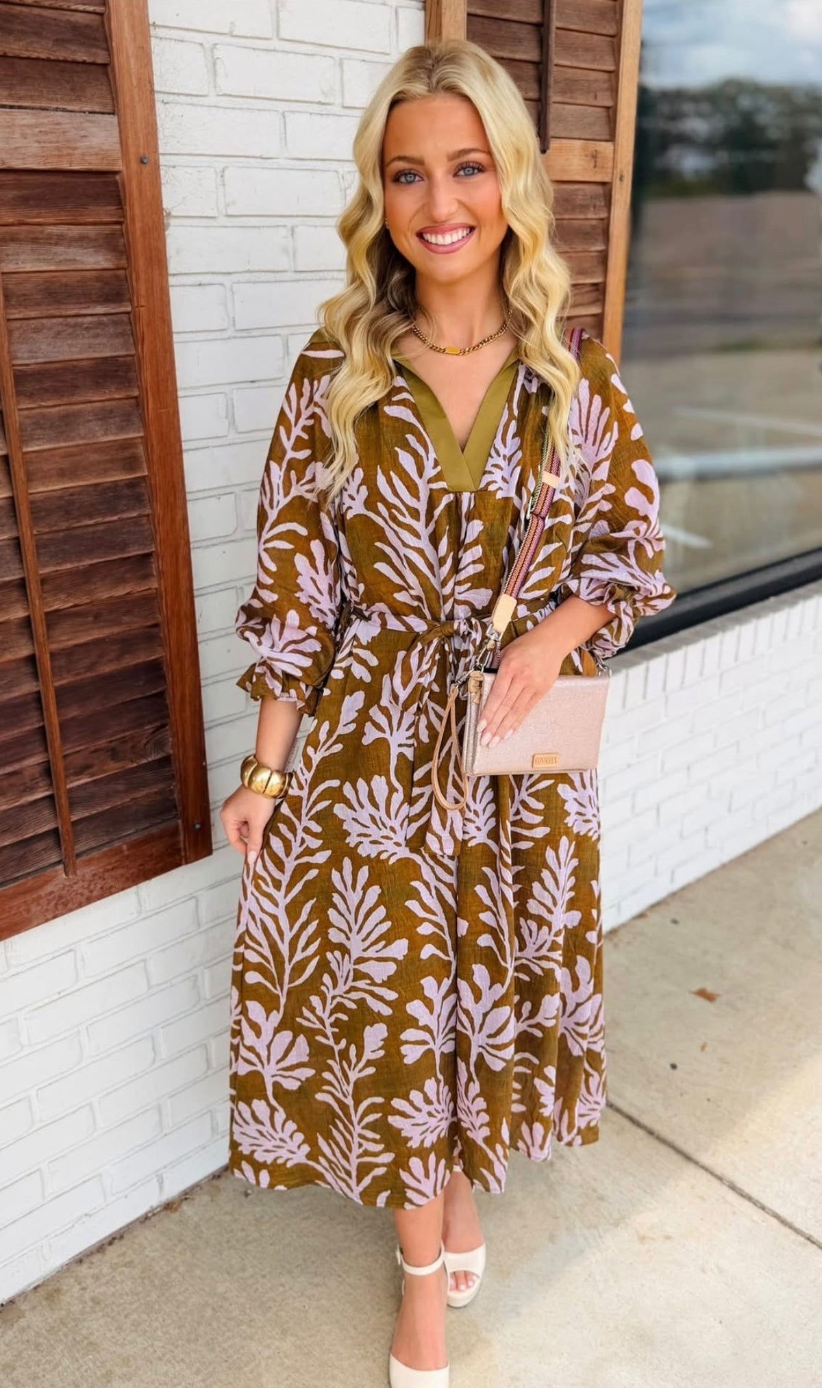 Mix Botanical Print Belted Midi Dress
