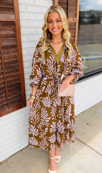 Mix Botanical Print Belted Midi Dress