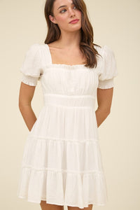 SQUARE NECK SMOCKED DETAIL TIERED MINI DRESS