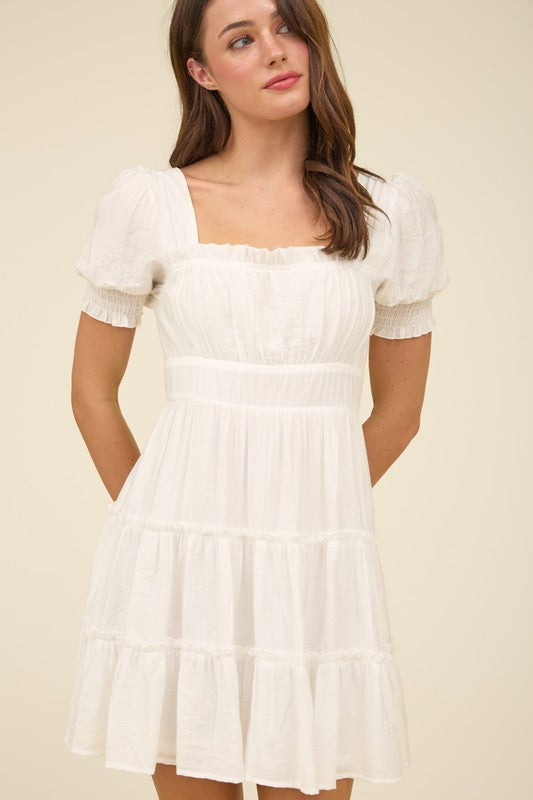 SQUARE NECK SMOCKED DETAIL TIERED MINI DRESS
