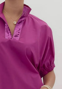 Solid short sleeve collared v neck top