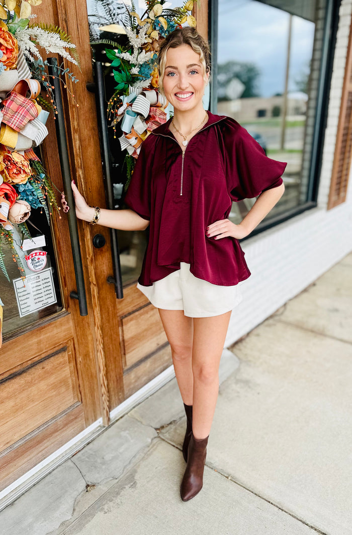 Mock Neck Band Puff Sleeve Blouse