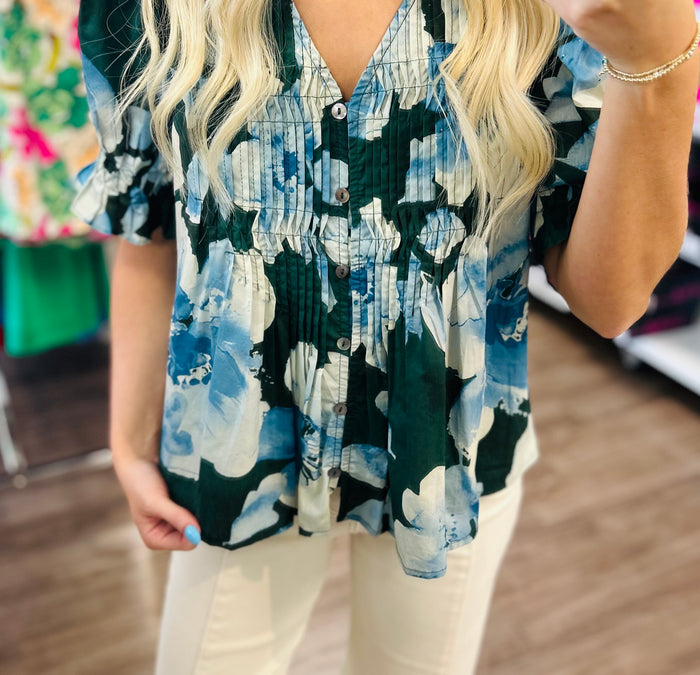 Floral print short puff sleeve blouse