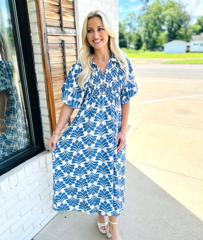 Puff Sleeves Boho Floral Midi Dress