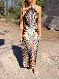 Butterfly Print Lace Trim Halter Maxi Dress