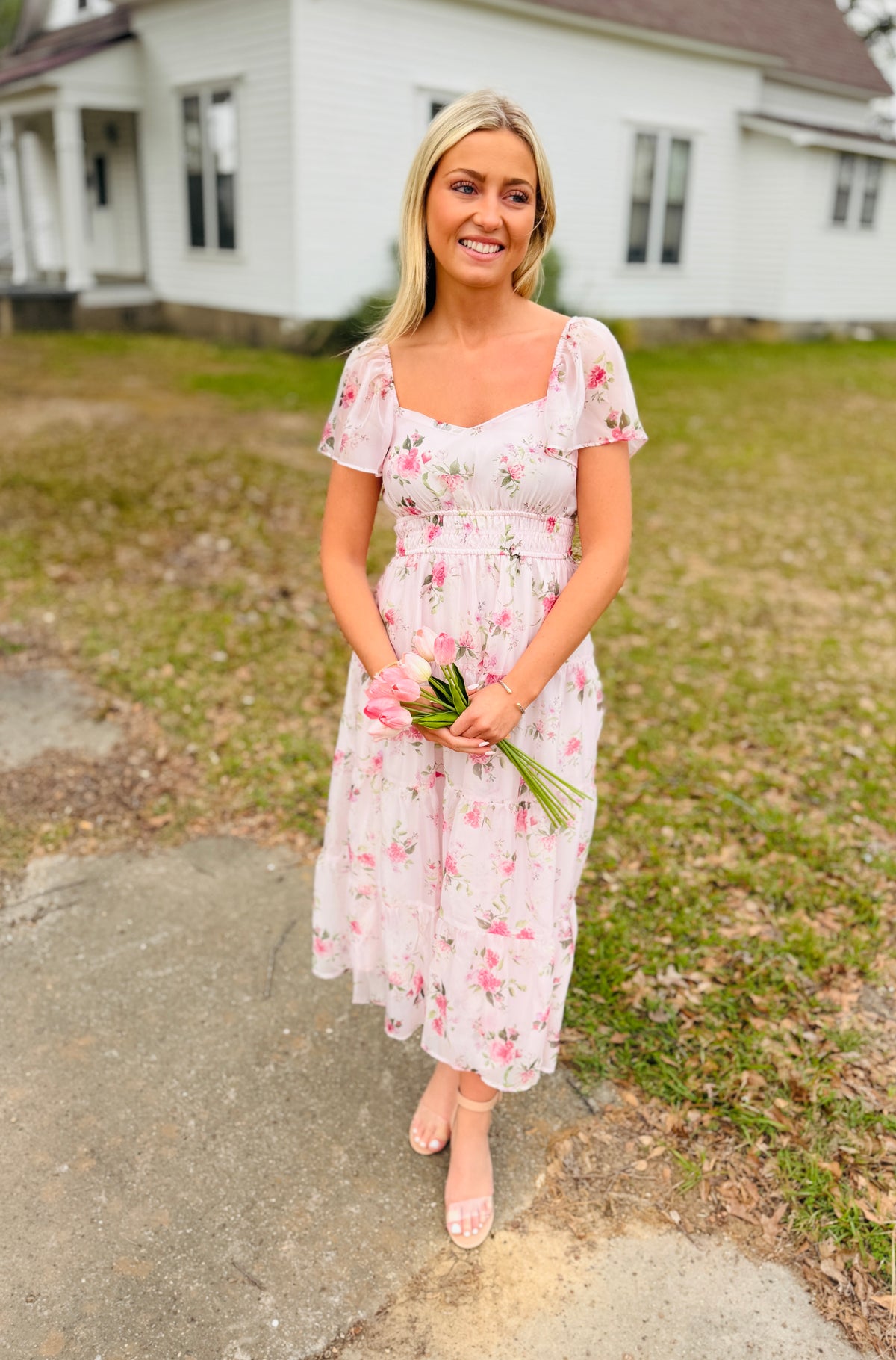 Floral Chiffon Flounce Sleeve Shirred Midi Dress