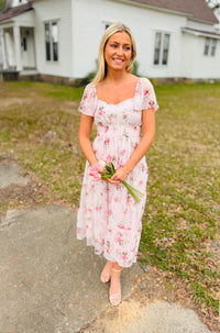 Floral Chiffon Flounce Sleeve Shirred Midi Dress