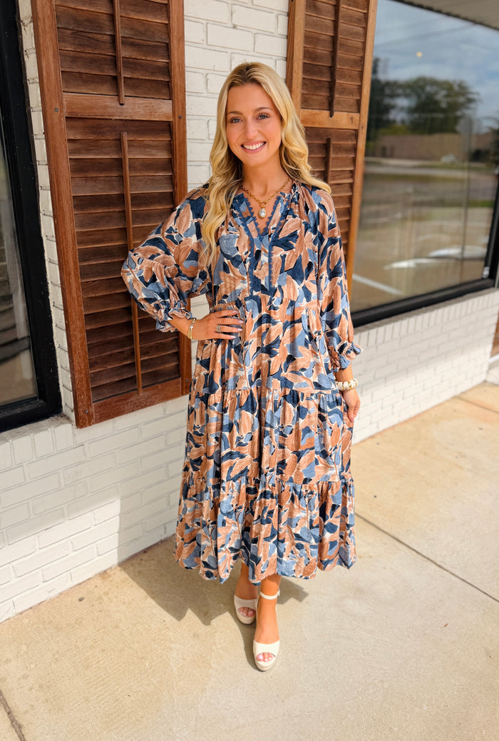 Mix Abstract Print Tiered Boho Midi Dress