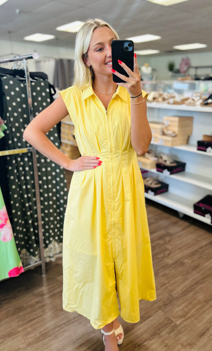 Solid sleeveless midi dress featuring collar and zipper closure at front.