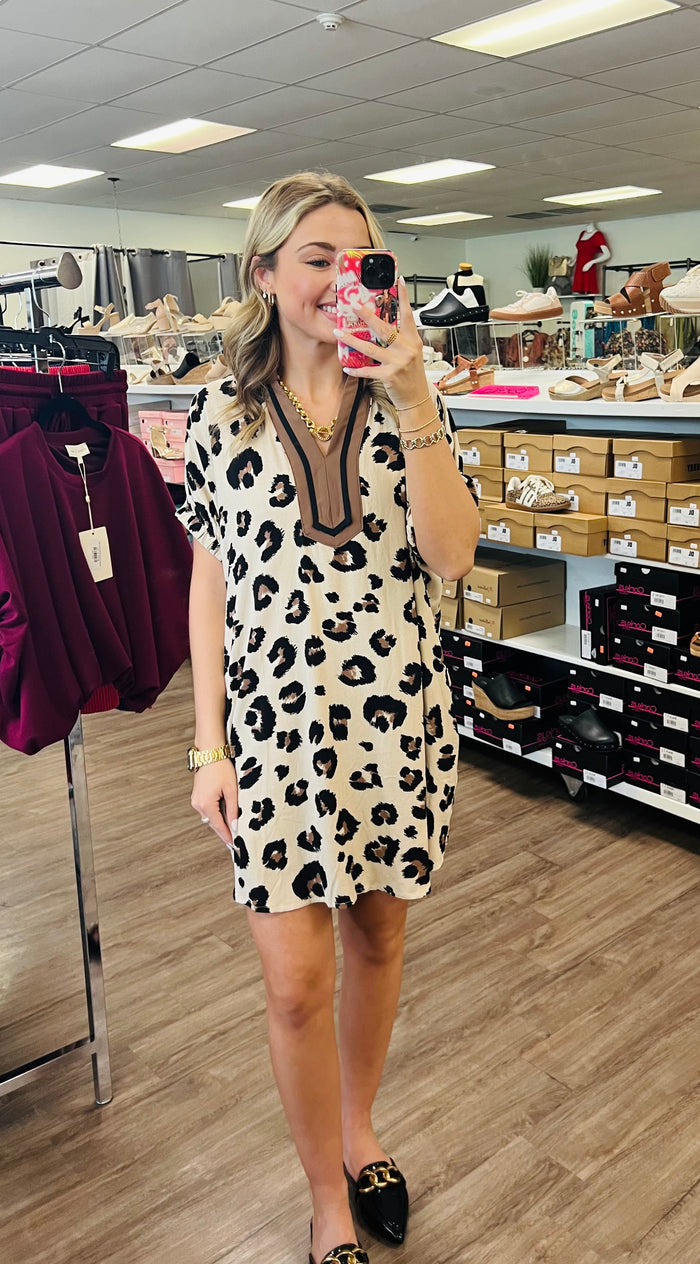 Oversized leopard pattern elasticated dolman sleeve mini dress