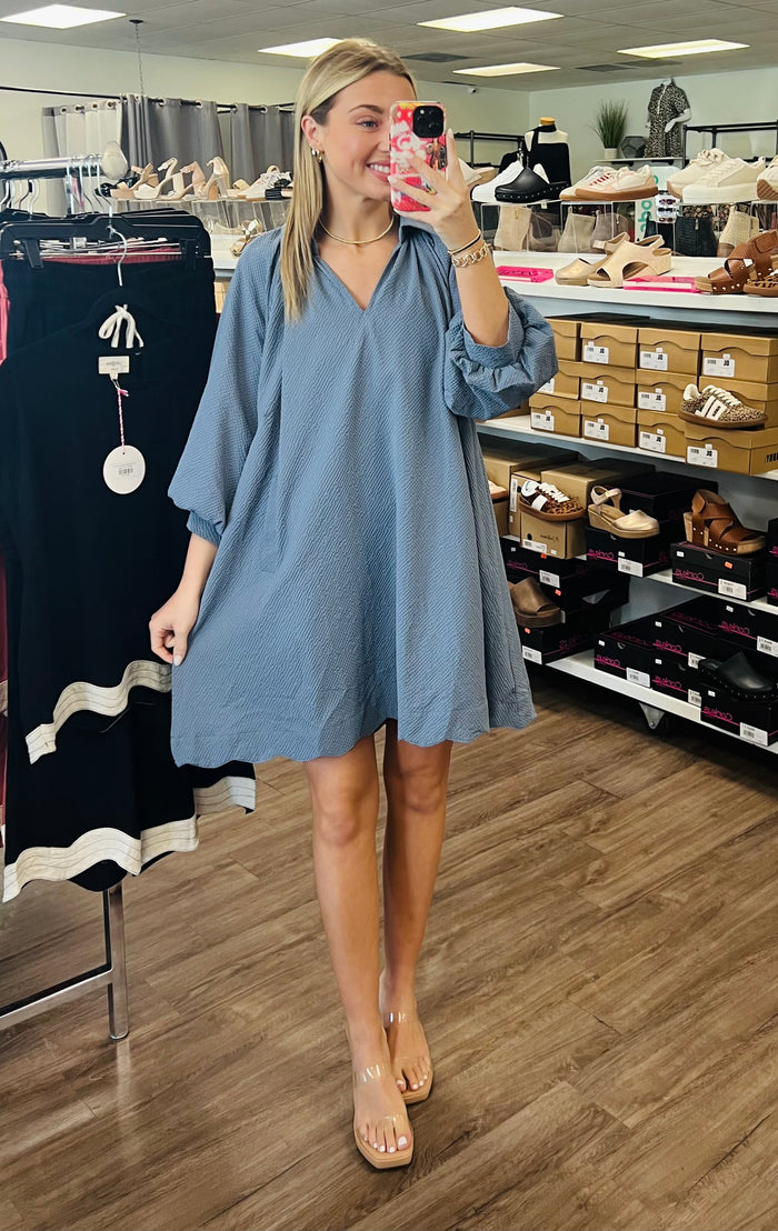 Split V-Neck Dress with Puff Sleeves