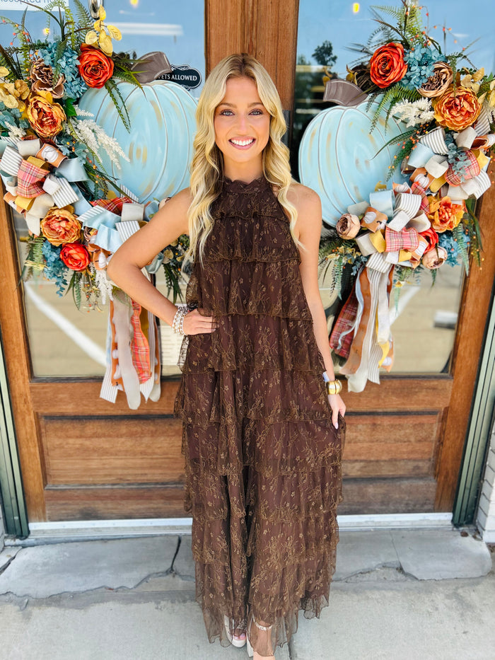 Lace Tiered Halter Maxi Dress