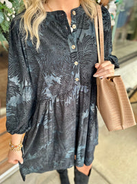 3/4 sleeves velvety floral jacquard dress