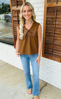 Faux Leather PinTuck and Lace Collar Top