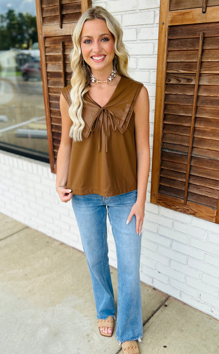 Faux Leather PinTuck and Lace Collar Top