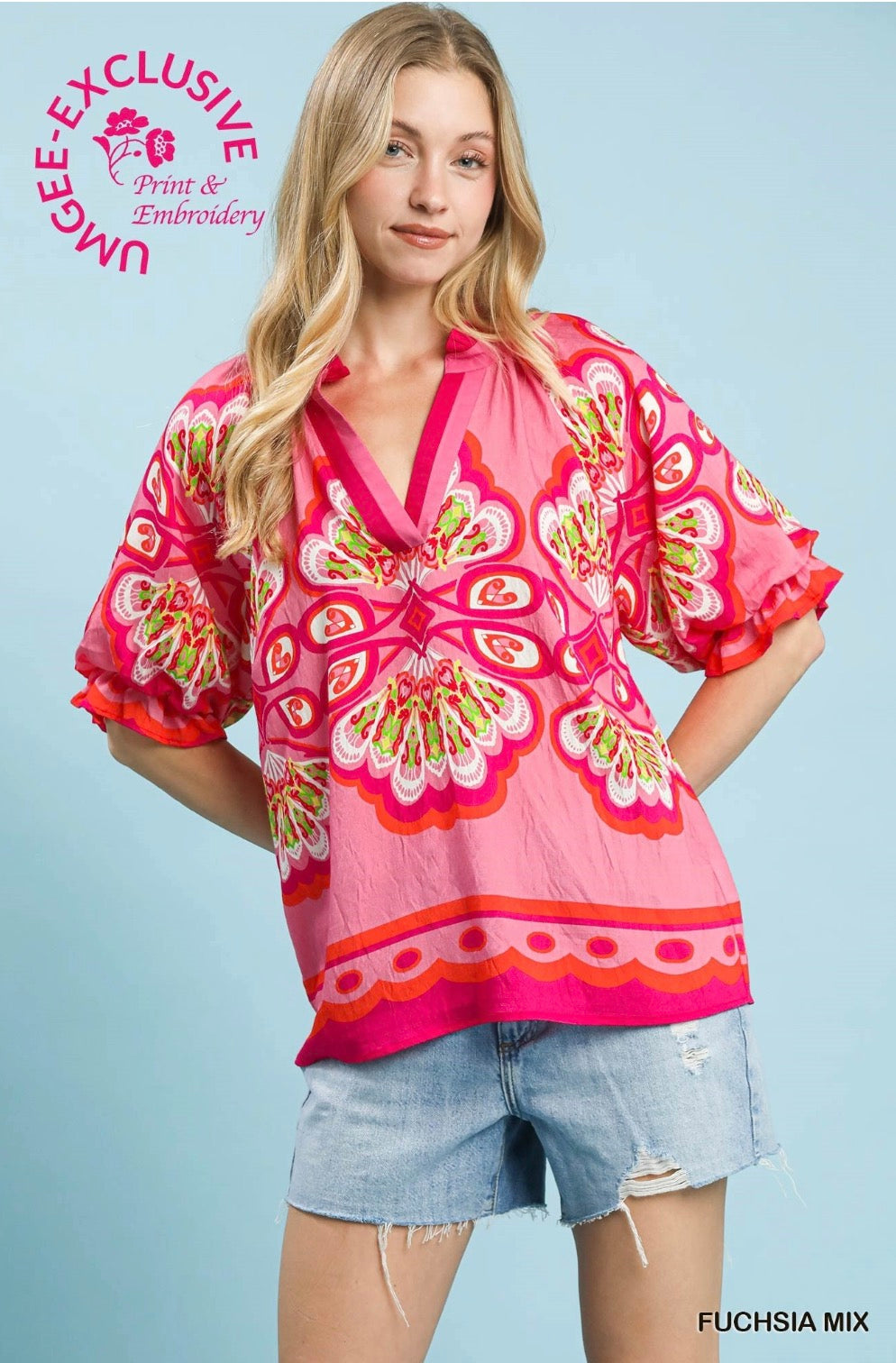 Mix Boho Print V-Neck Top
