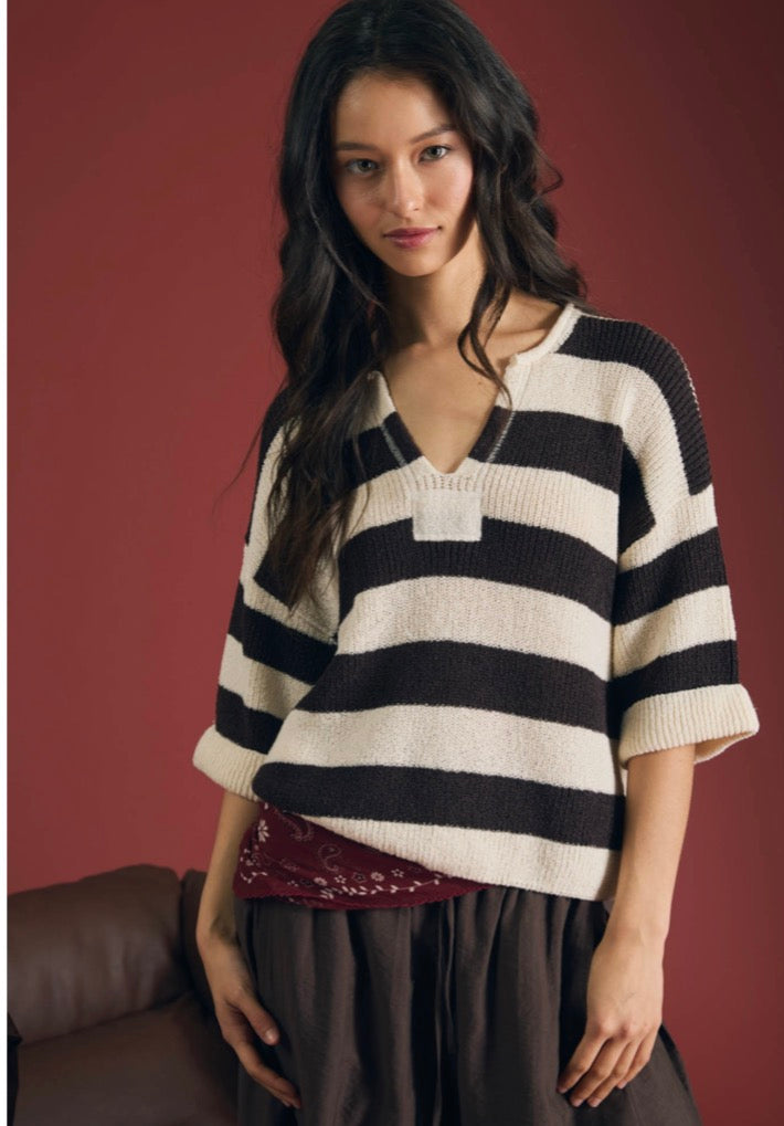Wide Stripe Raw Split Neck Short Sleeve Sweater