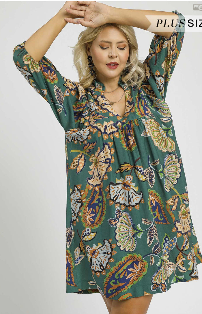 Plus Abstract Print Puff Sleeve Babydoll Dress